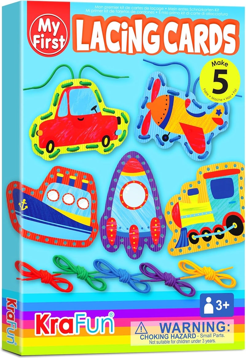 KRAFUN Preschool Beginner First Lacing Card Kit for Kids Training Arts & Crafts, 5 Easy Transport and Cars Lacing Projects, Craft Paper Cards for Toddlers, Fine Motor Skills Toys - Image 1